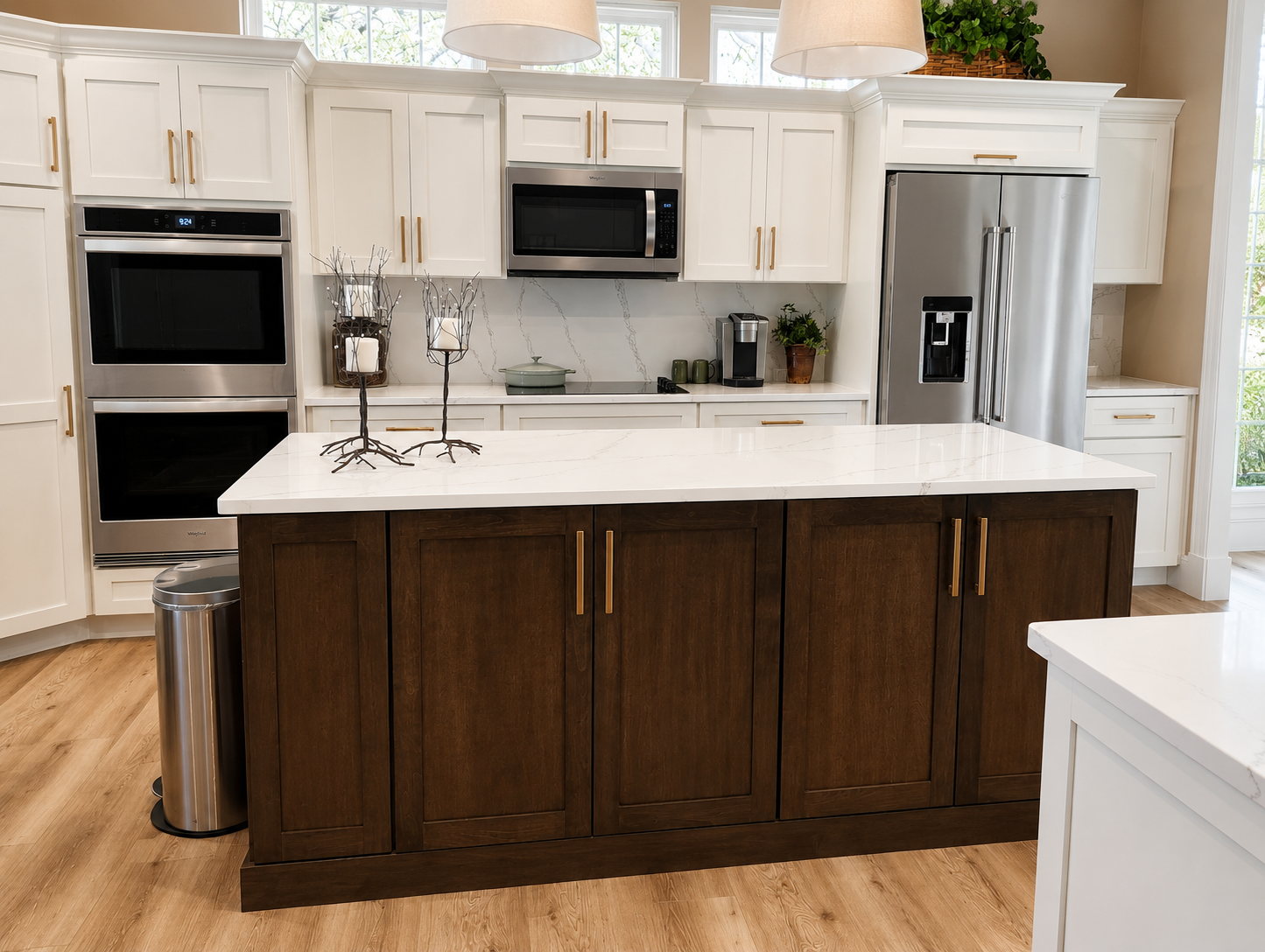 White Shaker kitchen with dark walnut island